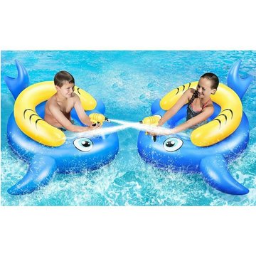Bouée Piscine Enfant TUMALAGIA Jeux d'eau de Plage Bouée Gonflable Chaise Longue de Piscine Flotteurs Requin avec Canon à Eau 120cm