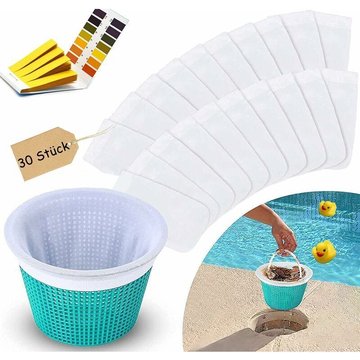 Chaussettes de Skimmer Piscine 30 Pièces Et papier test ph, Réutilisable Filtre Skimmer Piscine, Filtres Durables élastiques, pour Attraper Les