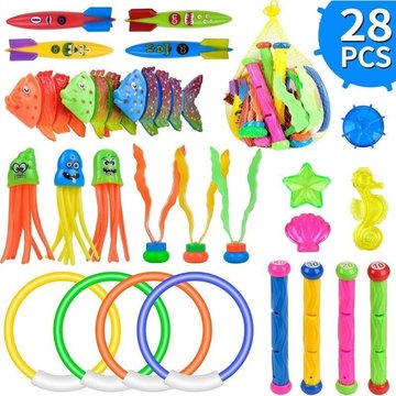 28 pièces jouets de plongée, jouets de natation piscine bâtons de plongée anneaux de plongée torpille bandits pierres de plongée balles de plongée
