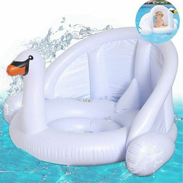 TUMALAGIA - Cygne Blanc Flotteur de Natation pour Bébé avec Auvent Gonflable de Parasol de Sécurité, Anneau de Natation en PVC pour Piscine