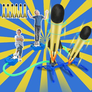 EINFEBEN Jeu D'Adresse Jouet Exterieur lance-roquettes pour 6X Fusée Stomp Rocket Launcher Jouets,pour 2 joueur - jaune