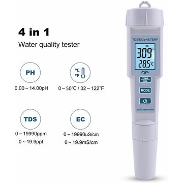 TUMALAGIA 4 en 1 PH/EC/TDS/Temp Compteur de test de qualité de l'eau de piscine Plage de mesure de haute précision Affichage LCD Outil de mesure pour l'eau potable