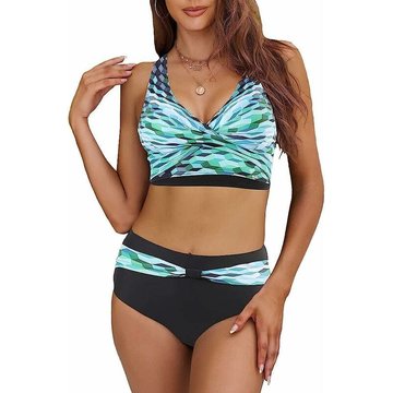 Femme Maillot de Bain WAHAISON Deux Pièces Tankini Piscine Taille Haute Licou Vintage Floral Halter Push Up Bikini Set Classique Croisée Ensemble Swimwear de Plage