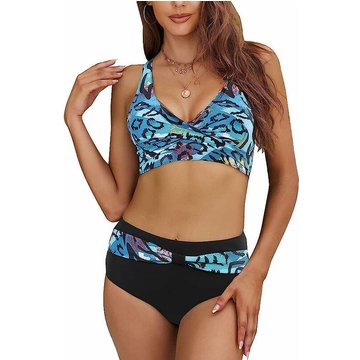 WAHAISON Femme Maillot de Bain Deux Pièces Tankini Taille Haute Licou Vintage Floral Halter Push Up Bikini Set Classique Croisée Ensemble Swimwear Piscine Plage