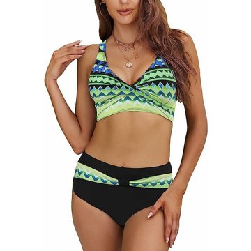 WAHAISON Femme Maillot de Bain Deux Pièces Piscine Tankini Taille Haute Licou Vintage Floral Halter Push Up Bikini Set Classique Croisée Ensemble Swimwear de Plage