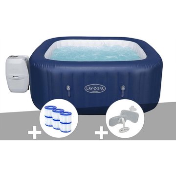 Kit spa gonflable Bestway Lay-Z-Spa Hawaii carré Airjet 4/6 places + 6 filtres + 2 appuie-têtes - Bleu