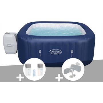 Kit spa gonflable Bestway Lay-Z-Spa Hawaii carré Airjet 4/6 places + Kit traitement brome + 2 appuie-têtes - Bleu