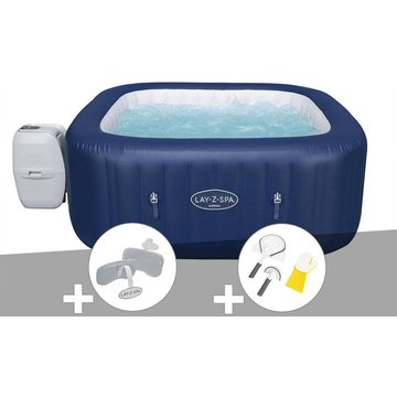 Kit spa gonflable Bestway Lay-Z-Spa Hawaii carré Airjet 4/6 places + 2 appuie-têtes + Kit de nettoyage - Bleu