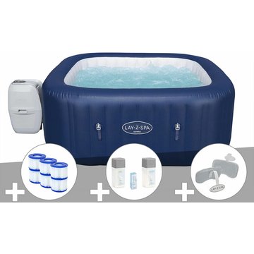 Kit spa gonflable Bestway Lay-Z-Spa Hawaii carré Airjet 4/6 places + 6 filtres + Kit traitement brome + 2 appuie-têtes - Bleu