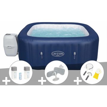 Kit spa gonflable Bestway Lay-Z-Spa Hawaii carré Airjet 4/6 places + Kit traitement brome + 2 appuie-têtes + Kit de nettoyage - Bleu