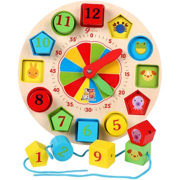 Horloge numérique en bois pour animaux Géométrie Réveil cognitif Bloc de construction Jouets 3-6 ans Éducation précoce Cognitive Porter une corde (1