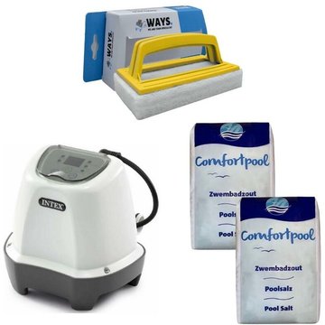Intex Piscine - Système d'eau salée 26662GS & Sel de piscine 40 kg & Brosse à récurer ways - blanche
