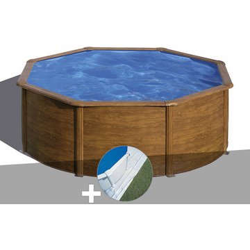 Kit piscine acier aspect bois GRE Pacific ronde 3,70 x 1,22 m + Tapis de sol - Bois