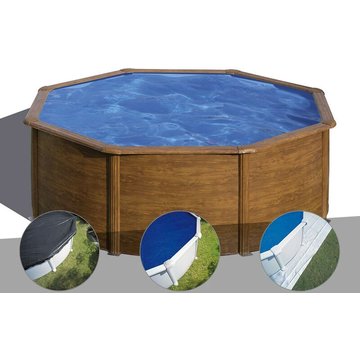 Kit piscine GRE en acier aspect bois Pacific ronde 3,70 x 1,22 m + Bâche d'hivernage + Bâche à bulles + Tapis de sol - Bois