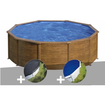 Kit piscine acier aspect bois GRE Piscines Pacific ronde 4,80 x 1,22 m + Bâche d'hivernage + Bâche à bulles - Bois