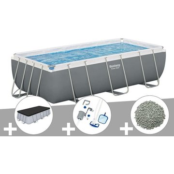 Kit piscine tubulaire Bestway Power Steel rectangulaire 4,04 x 2,01 x 1,00 m + Bâche de protection + Kit d'entretien + 10 kg de zéolite - Gris