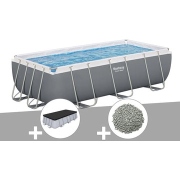 Kit piscine tubulaire Bestway Power Steel rectangulaire 4,04 x 2,01 x 1,00 m + Bâche de protection + 10 kg de zéolite - Gris