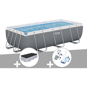 Kit piscine tubulaire Bestway Power Steel rectangulaire 4,04 x 2,01 x 1,00 m + Bâche de protection + Kit d'entretien - Gris
