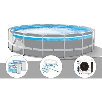 Intex Piscine Tubulaire Prism Frame Clear Window Ronde 4,88 x 1,22 m + Kit d'Entretien + 6 Cartouches de Filtration + Pompe à Chaleur - Gris