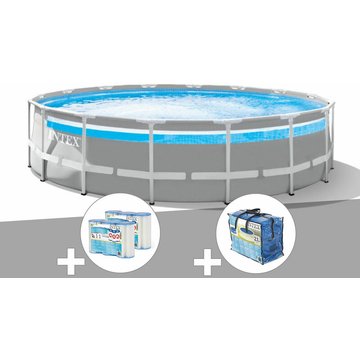 Intex Piscine Kit tubulaire Prism Frame Clearview ronde 4,88 x 1,22 m + Bâche à bulles + 6 cartouches de filtration - Gris