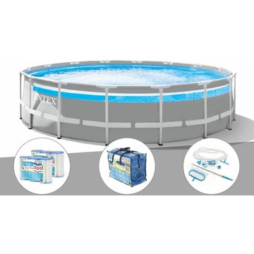 Kit piscine tubulaire Prism Frame Clearview ronde Intex 4,88 x 1,22 m + Bâche à bulles + 6 cartouches de filtration + Kit d'entretien - Gris