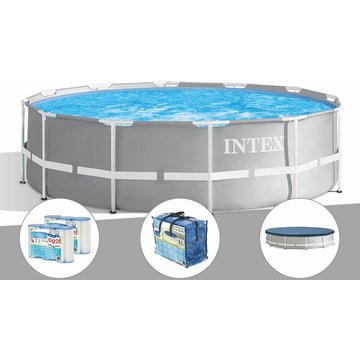 Intex Piscine - Kit piscine tubulaire Prism Frame ronde 3,66 x 0,99 m + Bâche à bulles + 6 cartouches de filtration + Bâche de protection - Gris