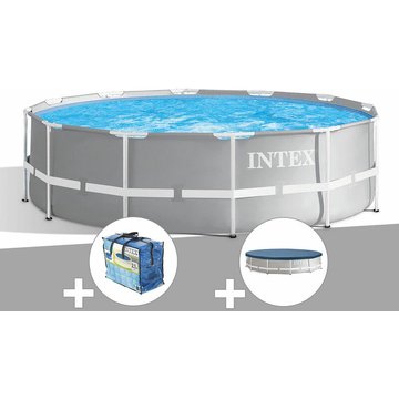 Intex Piscine - Kit piscine tubulaire Prism Frame ronde 3,66 x 0,99 m + Bâche à bulles + Bâche de protection - Gris