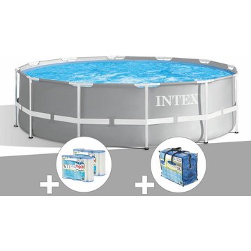 Intex Piscine - Kit piscine tubulaire Prism Frame ronde 3,66 x 0,99 m + Bâche à bulles + 6 cartouches de filtration - Gris