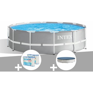 Intex Piscine - Kit piscine tubulaire Prism Frame ronde 3,66 x 1,22 m + 6 cartouches de filtration + Bâche de protection - Gris