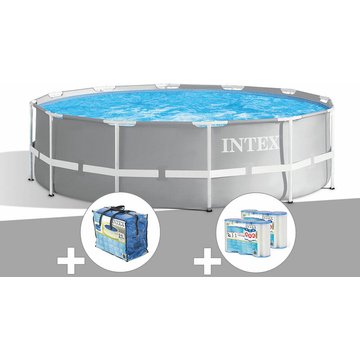 Intex Piscine - Kit piscine tubulaire Prism Frame ronde 3,66 x 1,22 m + Bâche à bulles + 6 cartouches de filtration - Gris