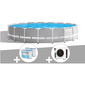 Intex Piscine - Kit piscine tubulaire Prism Frame ronde 5,49 x 1,22 m + 6 cartouches de filtration + Pompe à chaleur - Gris