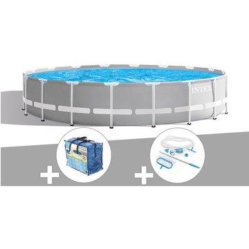 Intex Piscine - Kit piscine tubulaire Prism Frame ronde 5,49 x 1,22 m + Bâche à bulles + Kit d'entretien - Gris
