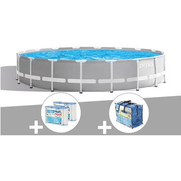 Intex Piscine - Kit piscine tubulaire Prism Frame ronde 5,49 x 1,22 m + Bâche à bulles + 6 cartouches de filtration - Gris