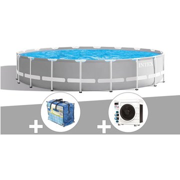 Intex - Kit piscine tubulaire Prism Frame ronde 5,49 x 1,22 m + Bâche à bulles + Pompe à chaleur - Gris