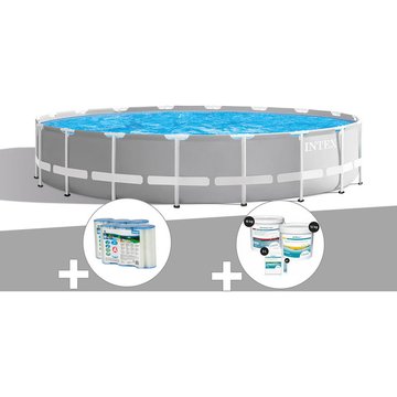 Kit piscine tubulaire Intex Piscine Prism Frame ronde 6,10 x 1,32 m + 6 cartouches de filtration + Kit de traitement au chlore - Gris
