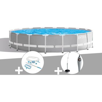 Intex Piscine - Kit piscine tubulaire Prism Frame ronde 6,10 x 1,32 m + Kit d'entretien + Douche solaire - Gris