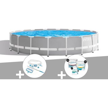 Kit piscine tubulaire Intex Prism Frame ronde 6,10 x 1,32 m + Kit d'entretien + Kit de traitement au chlore - Gris