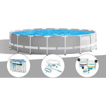 Kit piscine tubulaire Intex Prism Frame ronde 6,10 x 1,32 m + 6 cartouches de filtration + Kit d'entretien + Kit de traitement au chlore - Gris