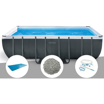 Intex Piscine Tubulaire Ultra XTR Frame Rectangulaire 5,49 x 2,74 x 1,32 m + Bâche à Bulles + 10 kg de Zéolite + Kit d'Entretien - Gris