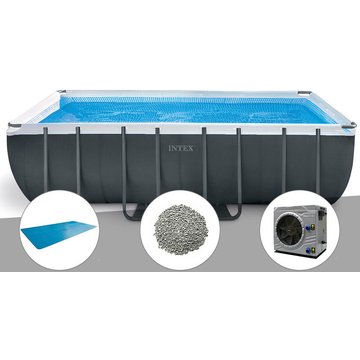 Intex Piscine - Kit piscine tubulaire Ultra XTR Frame rectangulaire 5,49 x 2,74 x 1,32 m + Bâche à bulles + 10 kg de zéolite + Pompe à chaleur - Gris