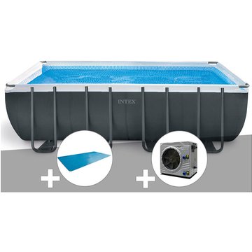 Intex Piscine Tubulaire Ultra XTR Frame Rectangulaire 5,49 x 2,74 x 1,32 m + Bâche à Bulles + Pompe à Chaleur - Gris