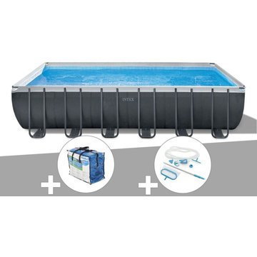 Intex Piscine - Kit piscine tubulaire Ultra XTR Frame rectangulaire 7,32 x 3,66 x 1,32 m + bâche à bulles + kit d'entretien - Gris