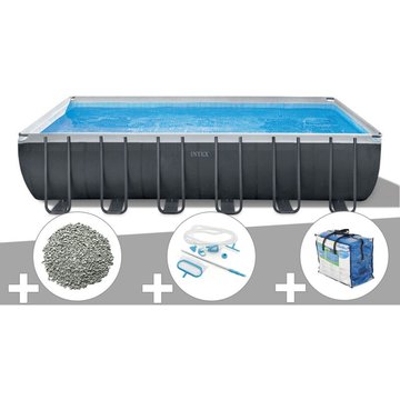 Intex Piscine Tubulaire Ultra XTR Frame Rectangulaire 7,32 x 3,66 x 1,32 m + Bâche à Bulles + 20 kg de Zéolithe + Kit d'Entretien - Gris