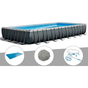 Intex Piscine Kit Tubulaire Ultra XTR Frame Rectangulaire 9,75 x 4,88 x 1,32 m + Bâche à Bulles + 20 kg de Zéolite + Kit d'Entretien - Gris