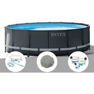 Kit piscine tubulaire Intex Ultra XTR Frame ronde 4,27 x 1,22 m + Kit d'entretien + 10 kg de zéolite + Kit de traitement au chlore - Gris