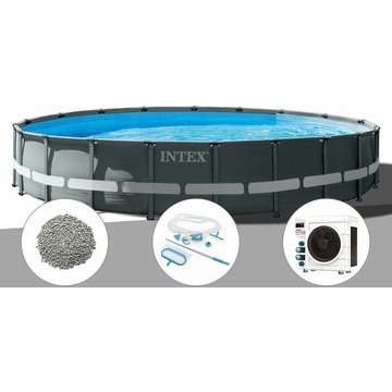 Intex Piscine - Kit piscine tubulaire Ultra XTR Frame ronde 6,10 x 1,22 m + 20 kg de zéolite + Kit d'entretien + Pompe à chaleur - Gris