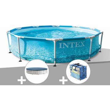Intex Piscine - Kit piscine tubulaire Metal Frame Ocean ronde 3,05 x 0,76 m + Bâche de protection + Bâche à bulles - Bleu