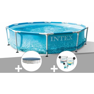 Intex Piscine - Kit piscine tubulaire Metal Frame Ocean ronde 3,05 x 0,76 m + Bâche de protection + Kit de traitement au chlore - Bleu