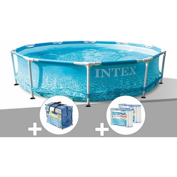 Intex Piscine - Kit piscine tubulaire Metal Frame Ocean ronde 3,05 x 0,76 m + Bâche à bulles + 6 cartouches de filtration - Bleu