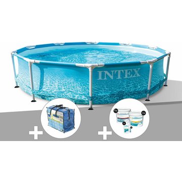 Intex Piscine - Kit piscine tubulaire Metal Frame Ocean ronde 3,05 x 0,76 m + Bâche à bulles + Kit de traitement au chlore - Bleu